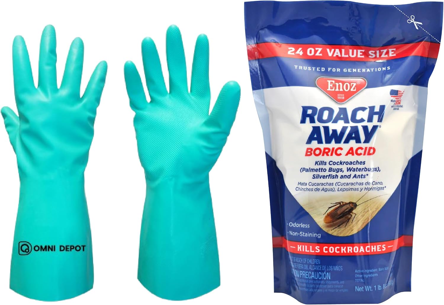 Multi-Insect Killer - Odorless Cockroach Killer - Enoz - Roach Away Powder 24 Oz - Roach & Ant Killer - Easy Pest Control - Kills Roaches, Ants, Waterbugs, and More - Available with Omni Depot Gloves