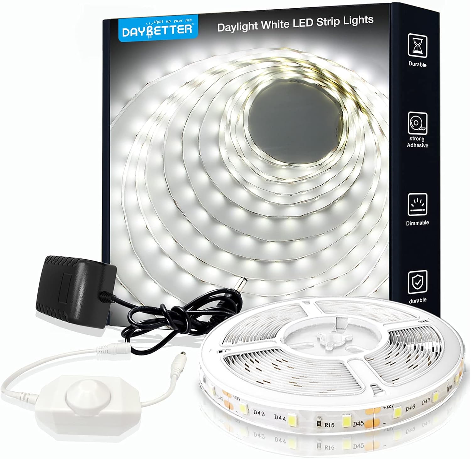 DAYBETTER White LED Strip Light, 20 ft Dimmable Bright Rope Light, 6500K 24V Light Strips, 360 LEDs 2835 Tape Lights for Bedroom, Kitchen, Mirror, Home Decoration(1 Roll)