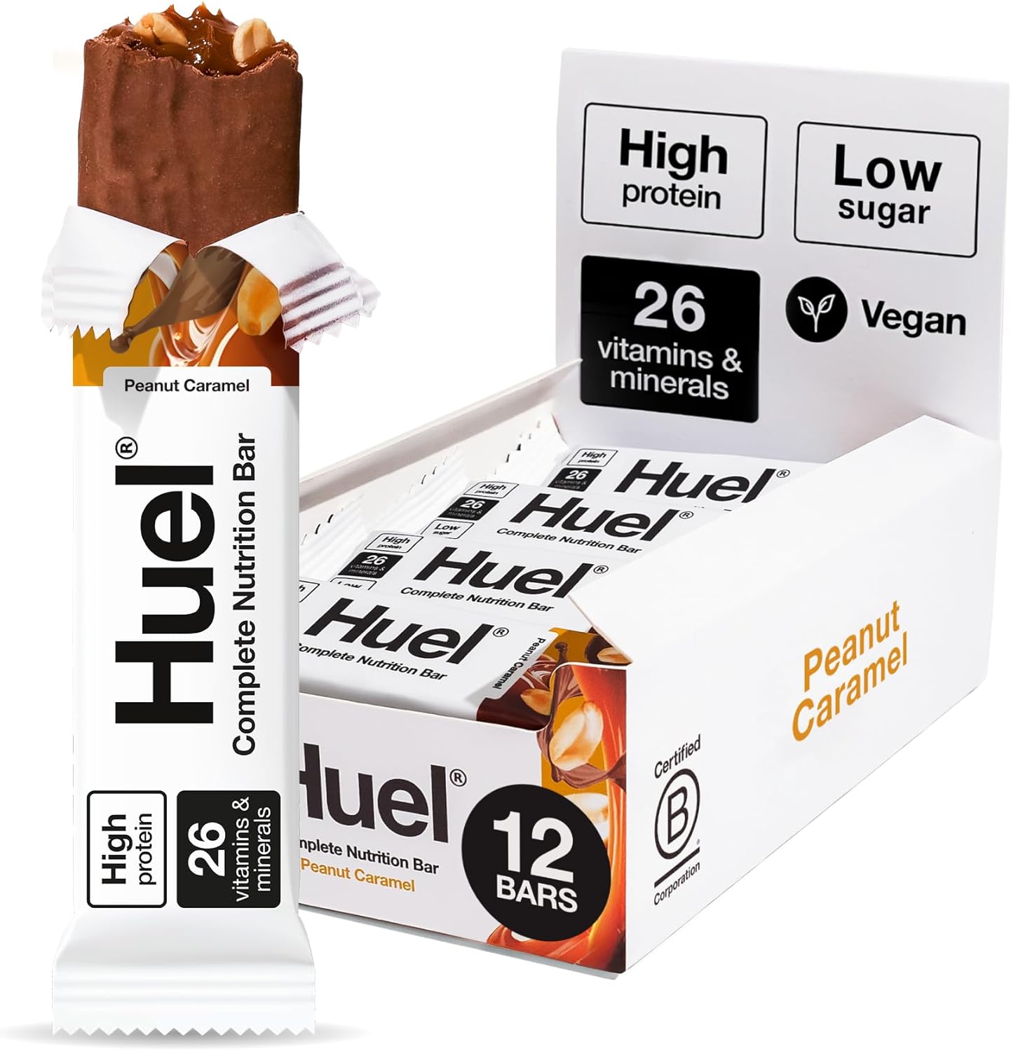Huel Complete Nutrition Bar, 12 x 51g Bars, Peanut Caramel, High Protein Bar, Plant-Based Protein Bars, Low Sugar, High Fibre, High-Protein Snack with Vegan Chocolate, Under 200 Calories