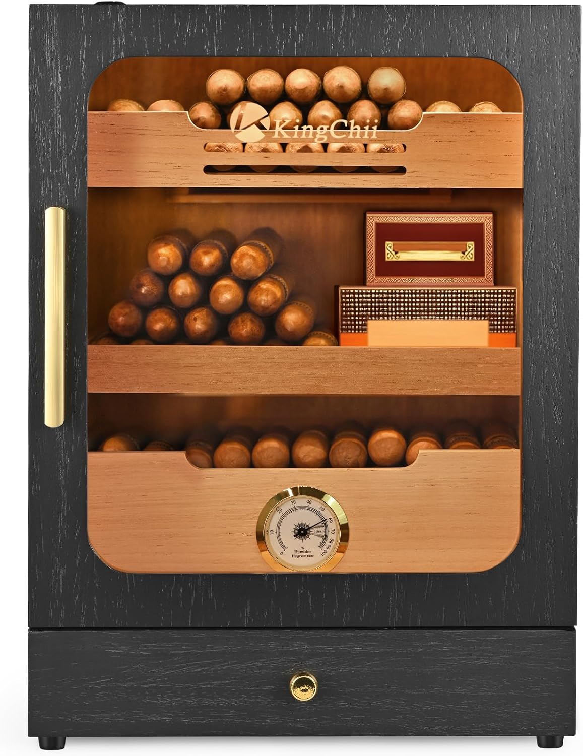 KingChii Cigar Humidor, Light Control System with Spanish Cedar Wood Drawer, Hygrometer, 3 Humidifiers and Cigar Accessories Drawer, for Men, Holds 100 Cigars (Black)
