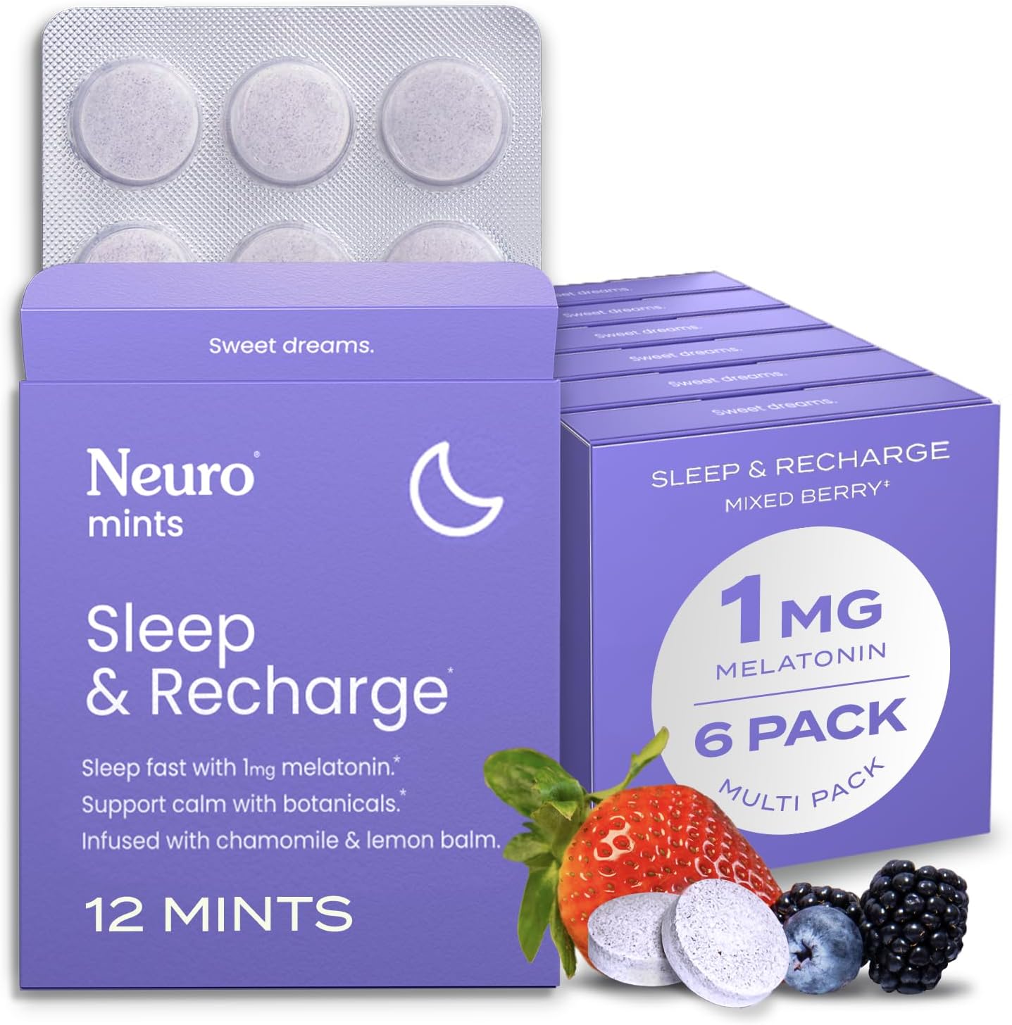 NeuroGum Sleep & Recharge Meltaway Mints | 1mg Melatonin + Chamomile + Elderberry + Lemon Balm + Passion Flower | Natural Sugar Free Rest & Relaxation Supplement (Mixed Berry, 72 Pieces)