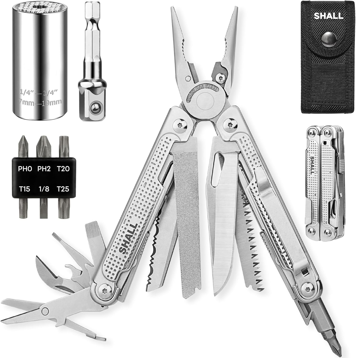 SHALL Multi Tool, 18-in-1 Multitool Pliers, Screwdriver Bit & Universal Socket, Self-Locking Multipurpose Tool w/Sheath for Camping Fishing Survival Hunting