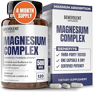 Magnesium Complex Supplement, 4 Month Supply of 500mg 5-in-1 Magnesium Bisglycinate, Oxide, Taurate, Chelate, Citrate, Max Absorption Magnesium Supplement for Calm, Sleep & Leg Cramps, 120 Capsule