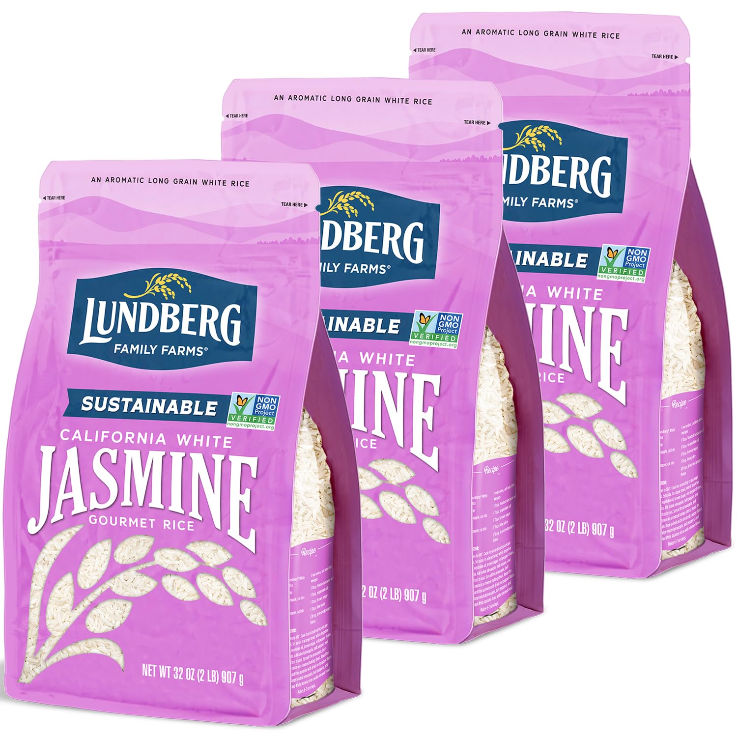 Lundberg Jasmine Rice, Long Grain White Rice - Non-Sticky, Fluffy Aromatic Rice, Sustainably Grown in California, Pantry Staples, 32 Oz (Pack of 3)