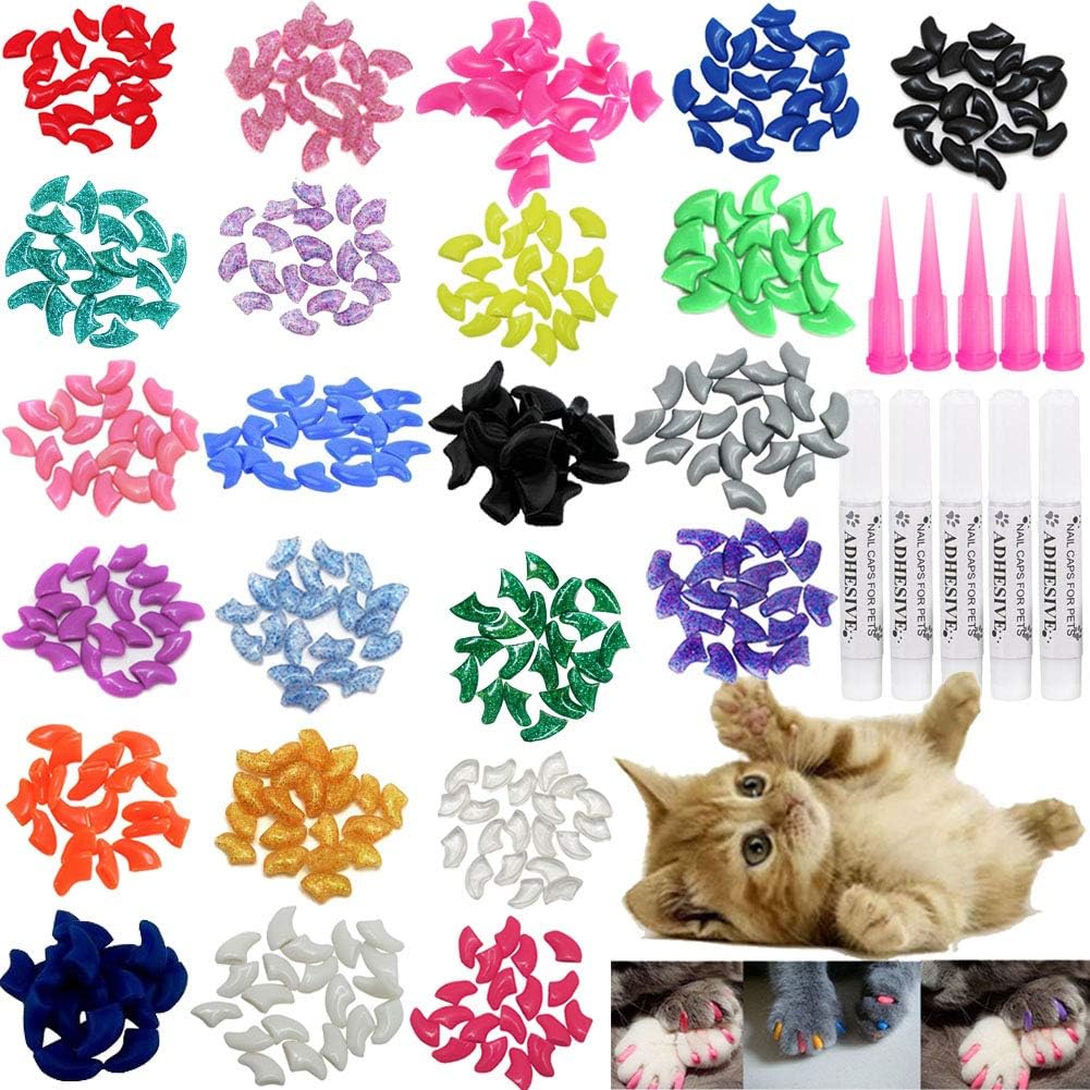 VICTHY Cat Nail Caps, 100pcs Medium Size 5 Colors with Glue and Applicators, Safe for Cat Claw Care, Protect Homes and Furniture, Prevent Scratch Disease, Long-lasting, Skin-friendly