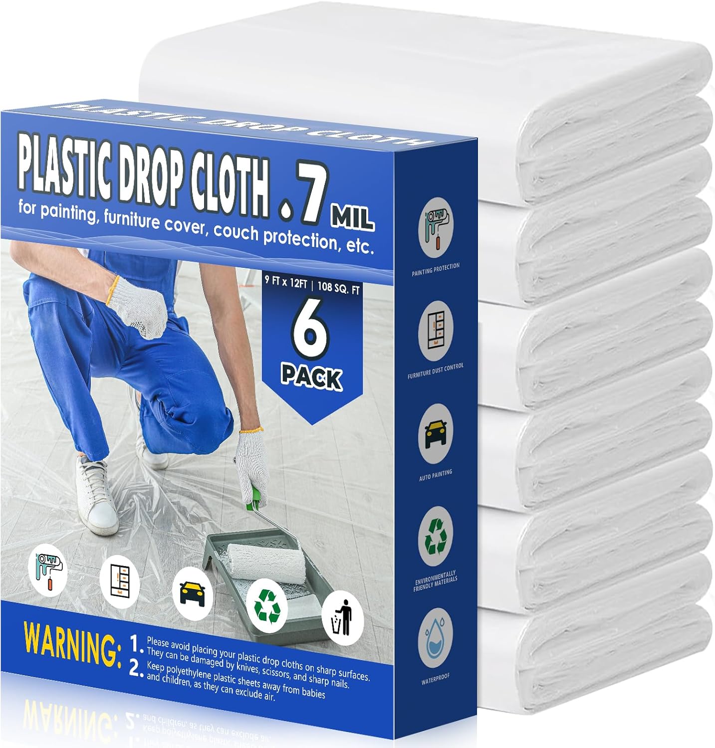 0.7 Mil Plastic Drop Cloths for Painting, 9x12 Ft Extra Large Painting Supplies, Plastic Sheet Dust Cover for Furniture, Floor, Couch Protector (6-Pack)