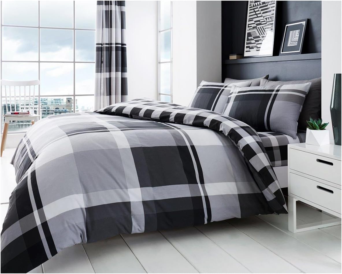 Gaveno Cavailia Luxurious WAVERLY CHECK Bed Set with Duvet Cover and Pillow Case, Polyester-Cotton, Grey, King, 11159568