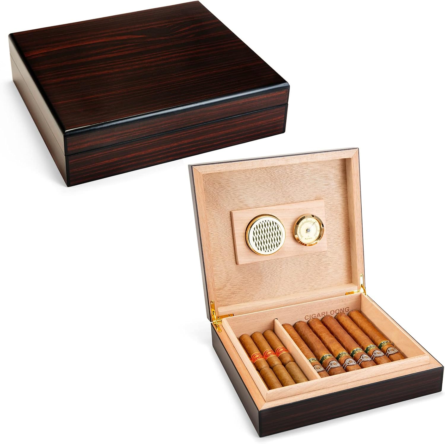 CIGARLOONG Cigar Humidor with Hygrometer and Humidifier Travel Cedar Wood Black Desktop Box Holds up to 15-20 Cigars