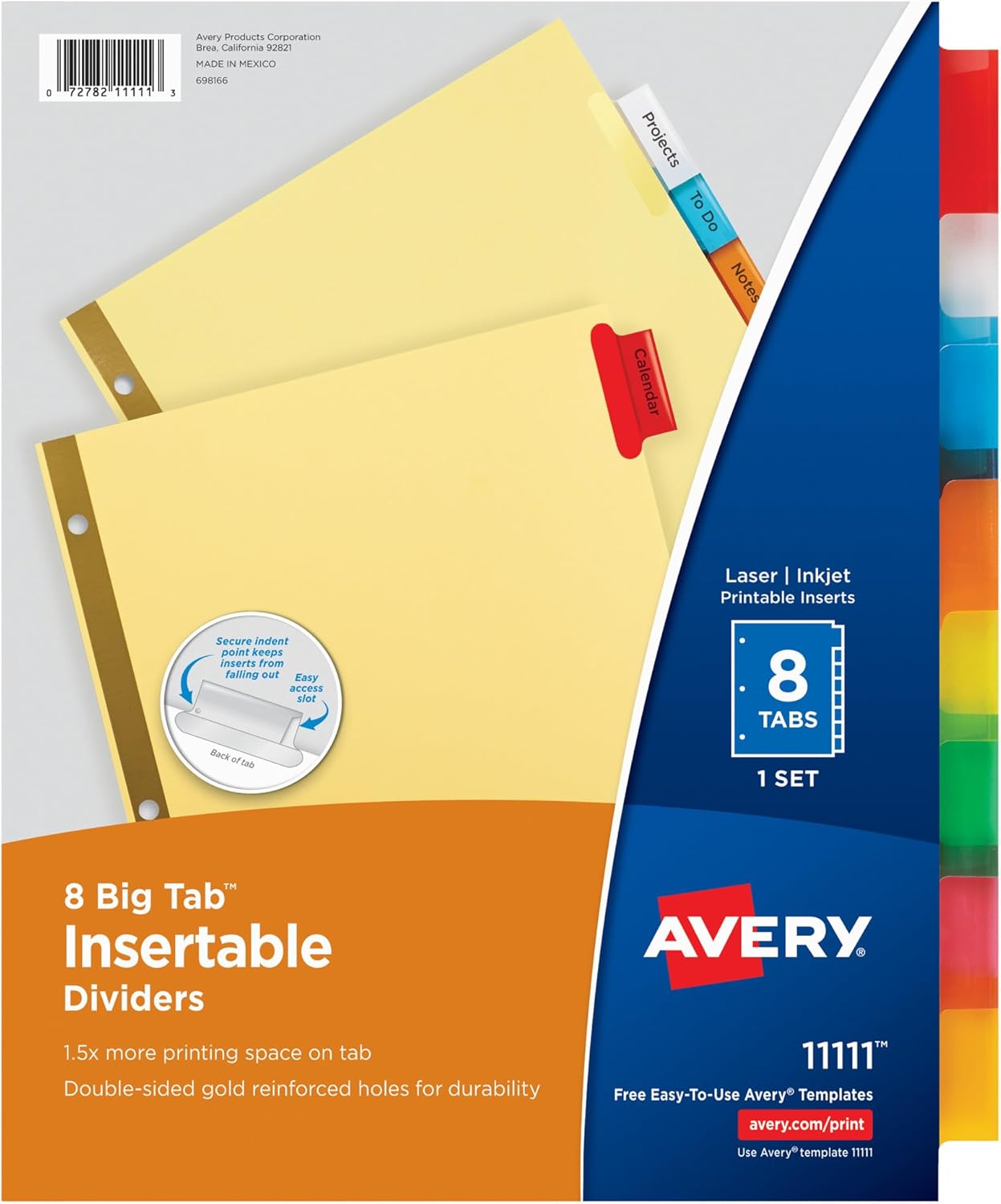 Avery 8-Tab Binder Dividers, Insertable Multicolor Big Tabs, 1 Set (11111)