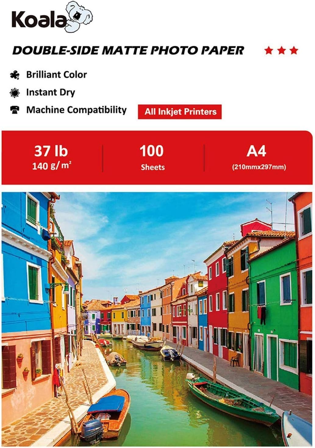 KOALA Double Sided Matte Inkjet Photo Paper A4, 140gsm, 100 Sheets for Inkjet Printers. Suitable for Printing Photos, Brochures, Covers, Certificates, Booklets, Flyers, Leaflets, Cards, Calendars