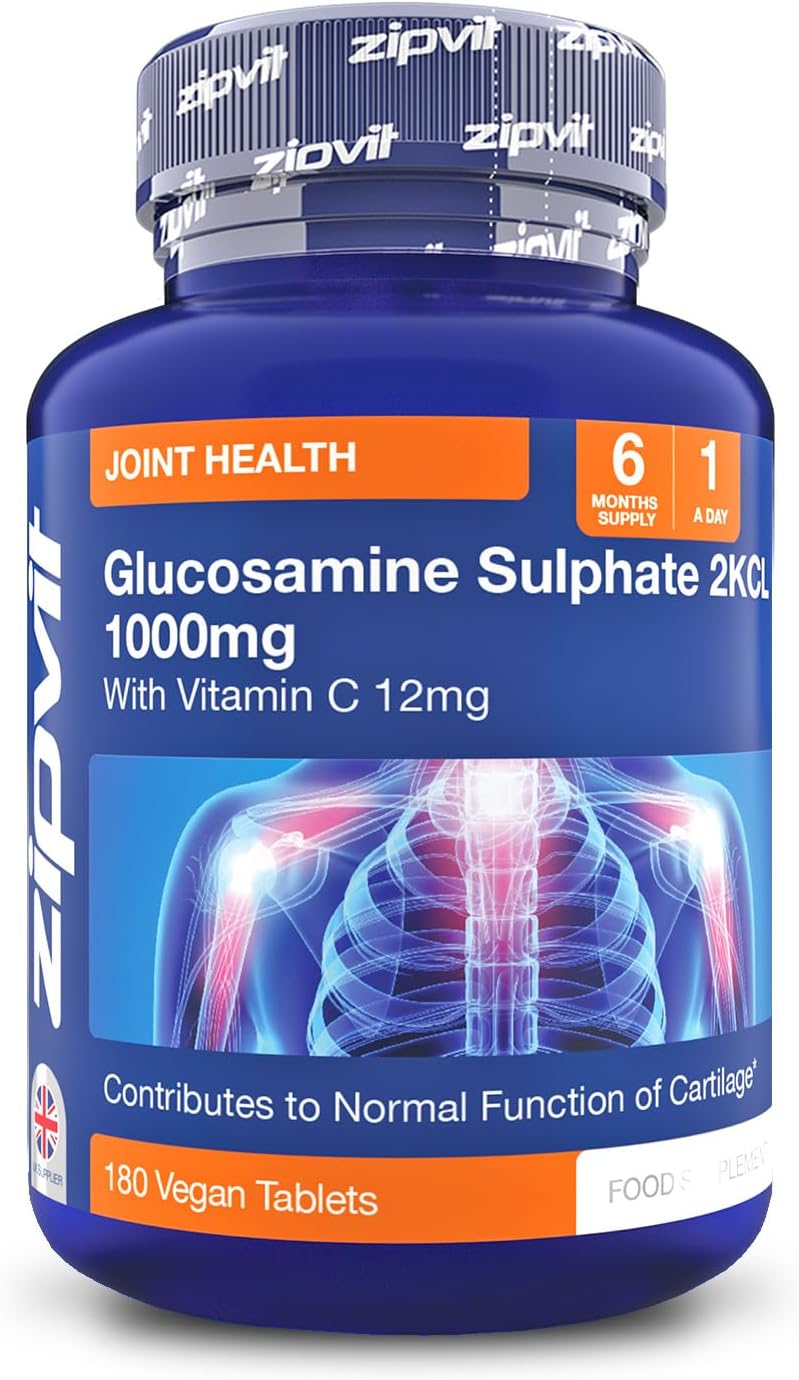 Zipvit Glucosamine Sulphate 2KCl 1000mg with Vitamin C, 180 Vegan Tablets, Supports Bones, Cartilage & Collagen, Reduces Tiredness & Fatigue, Joint Health Supplement, 6 Month Supply