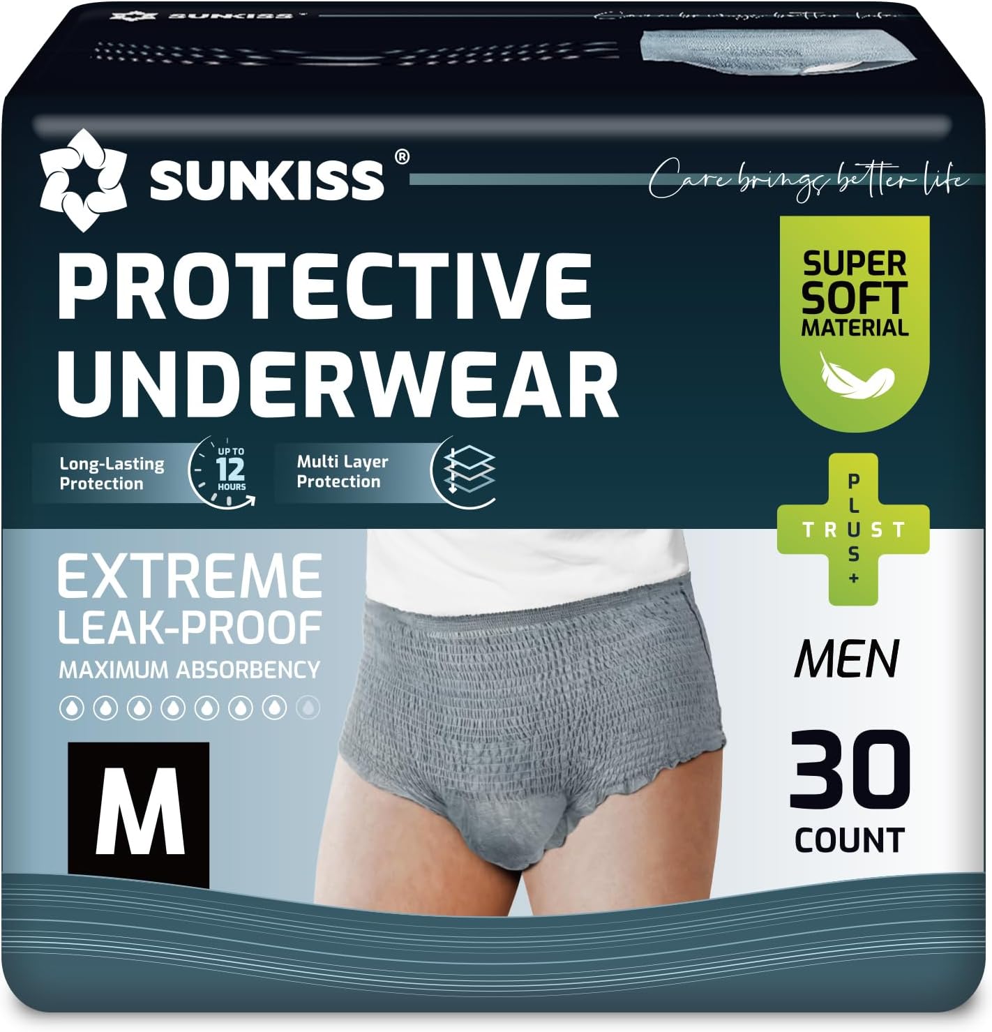 SUNKISS Incontinence Pants for Men, Daytime Disposable Adult Pull Ups, Mens Protective Underwear with Maximum Absorbency, Grey, Medium, 30 Count
