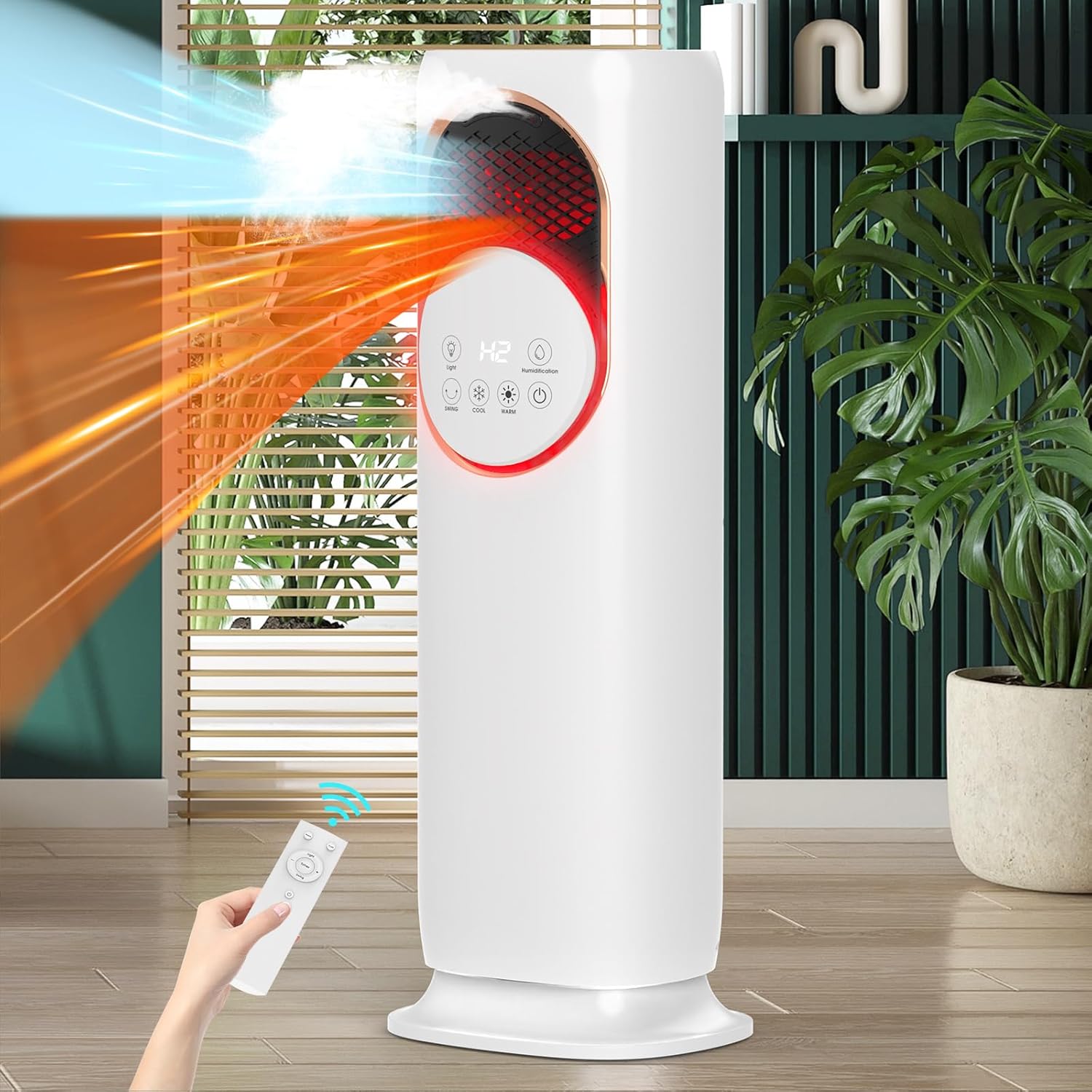 Tower Fan and Heater Combo with Humidification, 4 in 1 Space Heaters for Indoor Use, 120°Oscillating, 1800W, 2 Speed Heating, 3 Speed Cooling, Remote Control, 9H Timer for Bedroom Room Office