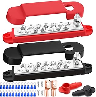 150A 12V Bus Bar Marine 1/4" Power Distribution Block, Battery Busbar, Automotive Busbar Terminal Block for Car and Boat, 1 x 1/4" (M6) Post, 12 x #8 (M4) Screws Terminals (Black+Red)