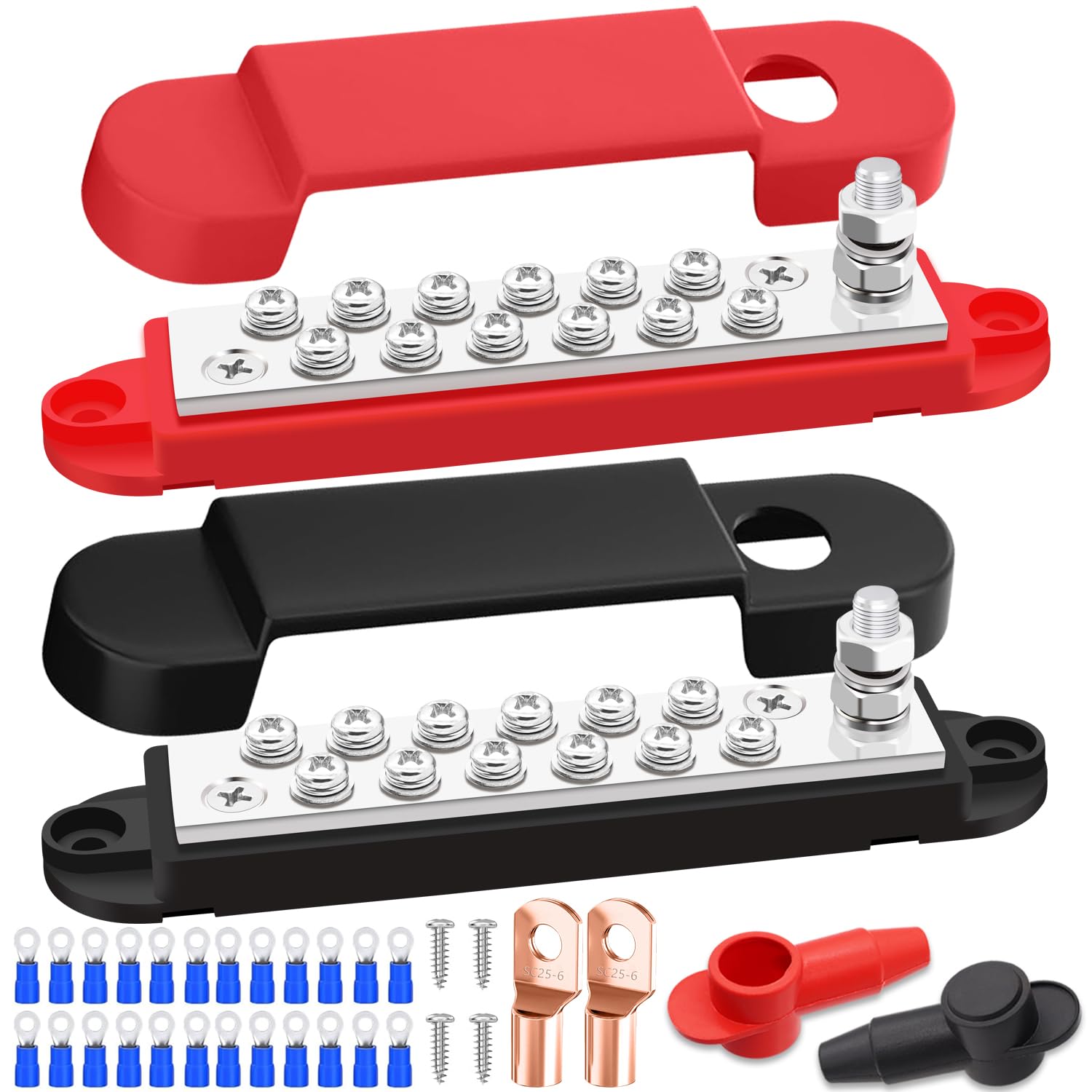 150A 12V Bus Bar Marine 1/4" Power Distribution Block, Battery Busbar, Automotive Busbar Terminal Block for Car and Boat, 1 x 1/4" (M6) Post, 12 x #8 (M4) Screws Terminals (Black+Red)