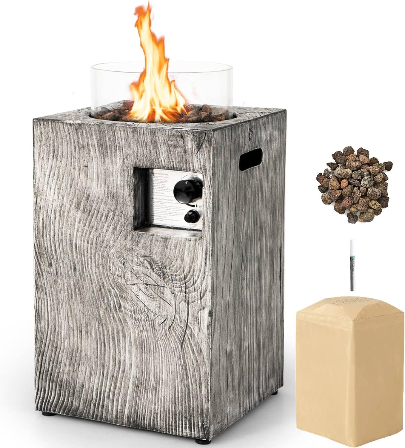 COSTWAY Outdoor Gas Patio Heater, 30000BTU Flame Adjustment Portable Propane Fireplace with Waterproof Cover, Glass Wind Guard, Volcanic Rocks & Touch-up Pen, Real Flame Standing Floor Heater