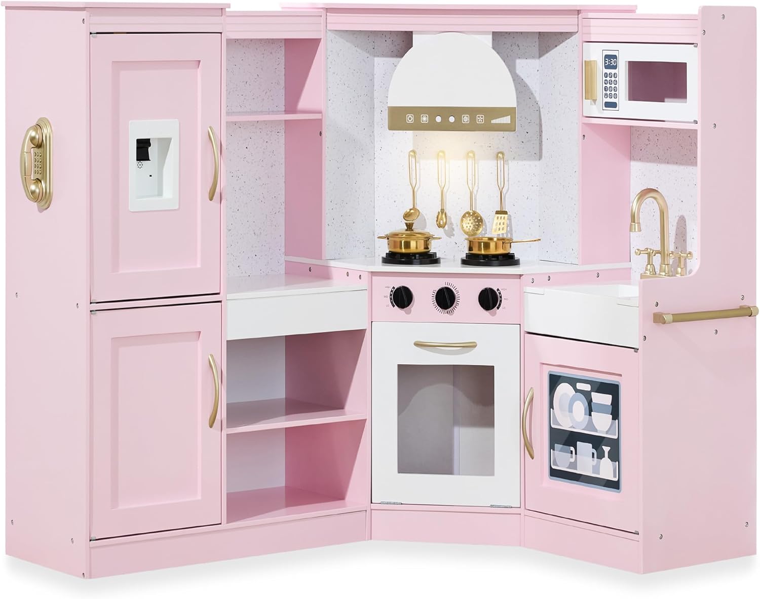 Best Choice Products Pretend Play Corner Kitchen, Ultimate Interactive Wooden Kids Playset w/Lights & Sounds, Ice Maker, Hood - Bevel Pink