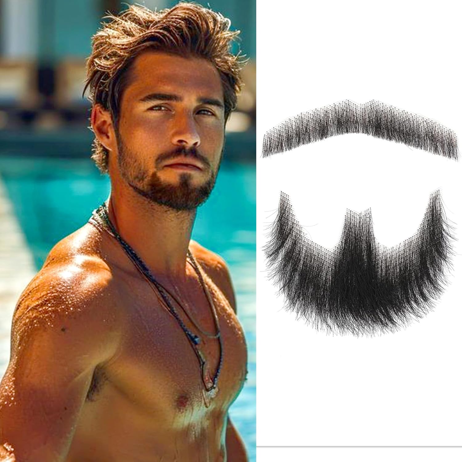 Fake Beard Realistic 100% Human Hair Full Hand Tied Goatee False Beards Lace Invisible Fake Mustache for Halloween Dressing Men Makeup Entertainment/Drama/Party/Movie Prop (Black)