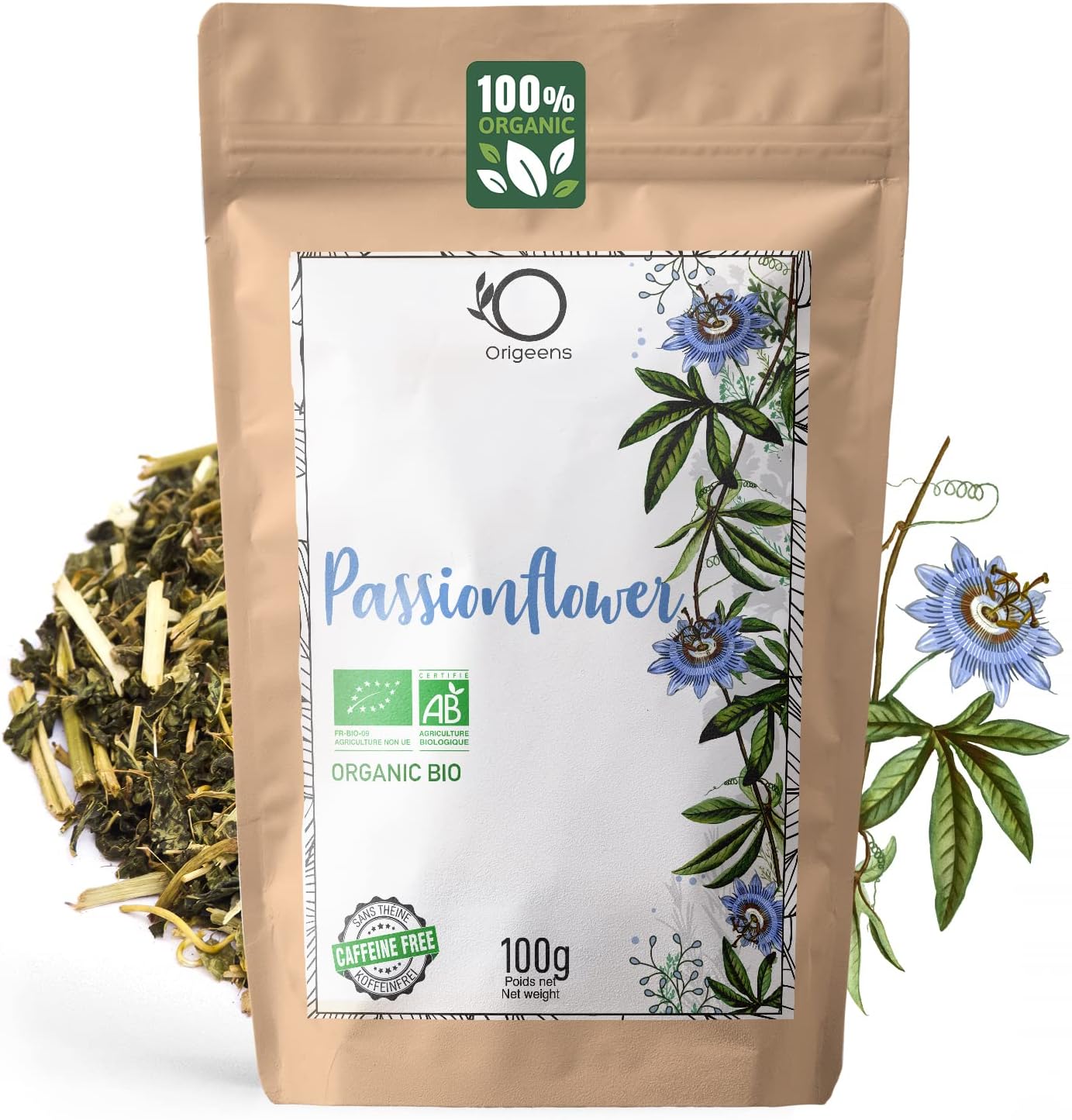ORIGEENS Organic Passion Flower Tea 100g | Sleeping Tea and Calm Tea | Passiflora Organic Herbal Tea, aboveground Parts of Passiflora incarnata (Leaves, Stems, Flowers)