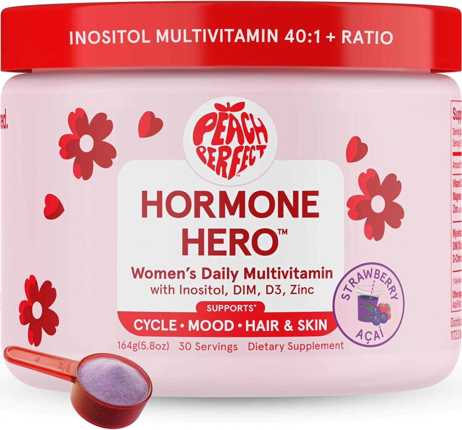 Peach Perfect Inositol Powder Multivitamin, Strawberry Acai Flavor – 3 – Supports Women’s Health, 30 SVG
