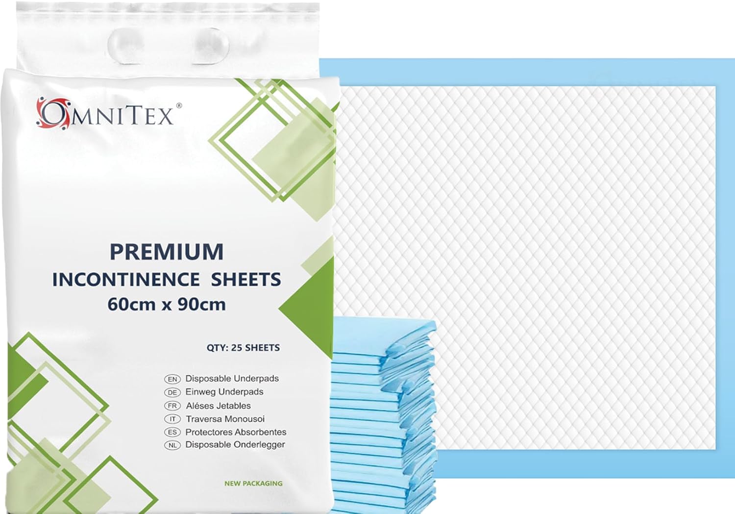 25x Omnitex 60 x 90cm Incontinence Bed Pads with SAP 1400ml | Disposable Bed Pads, SAP Liquid capture Tech, disposable underpads, Adult bed pads, pet pads, Absorbing Sheets, 25pk Premium Pads 1400ml
