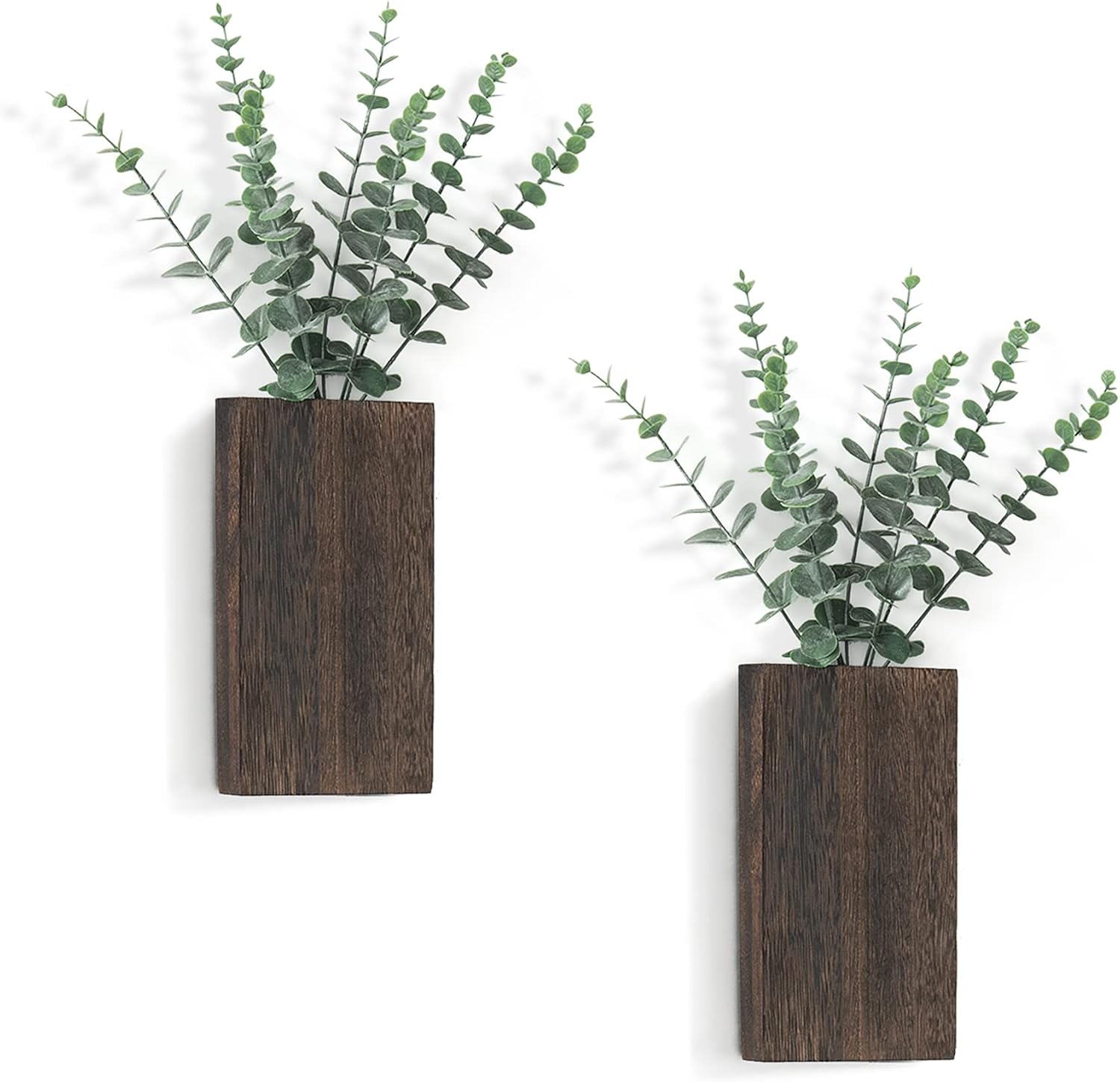 Dahey 2 Pack Wood Wall Planter Vase with Artificial Eucalyptus Farmhouse Wall Hanging Decor Pocket Planter for Indoor Fake Plants Greenery, Living Room Bedroom Kitchen Home Office Decoration