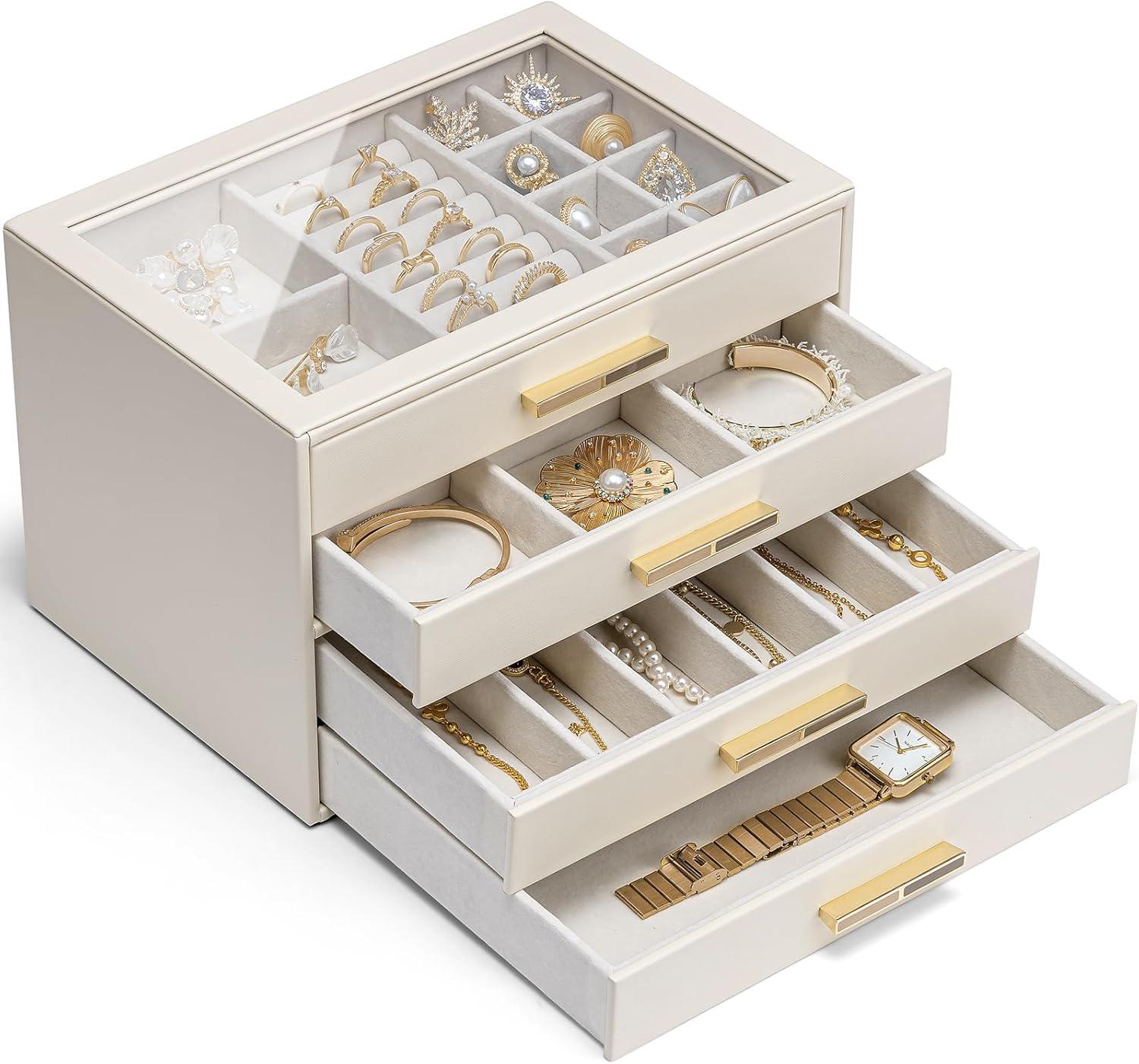 Vlando Jewelry Box for Women Girls,Jewelry Organzier,4 Drawers,Glass Lid Jewelry Organizer Storage for Gem Diamond Necklaces Rings Earrings Bracelets White