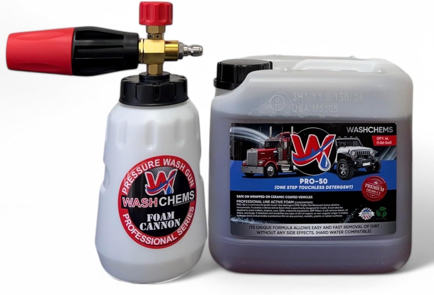 Wash Chems PRO-50 Touchless Car Wash Detergent Soap with Professional Foam Cannon (1 Gallon, 128 oz) No Brushing, Commercial Grade Auto Cleaner Great for Trucks & Tractors