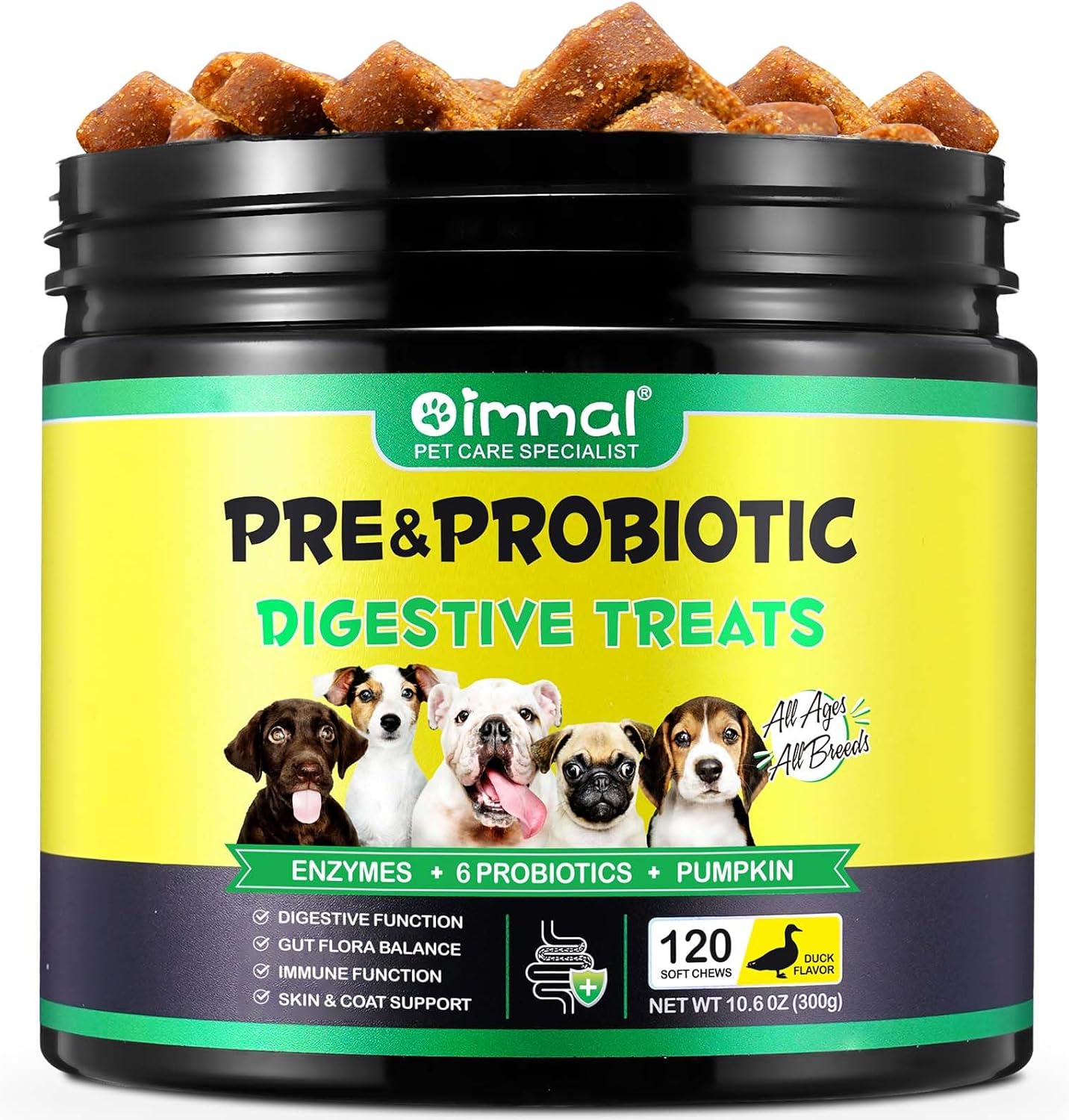Probiotics for Dogs - Pre & Probiotic Digestive Treats for Dog with Pumpkin and Flaxseed Powder Support Gut Health, Itchy Ears, Dog Probiotics Supplements for All Dogs - 120 Soft Chews / Duck Flavor