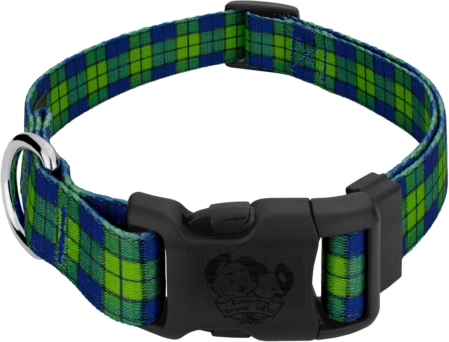 Country Brook Petz - Deluxe Blue and Green Plaid Dog Collar - Made in The U.S.A. - Plaid and Argyle Collection Featuring Charming Designs (5/8 Inch, Small)