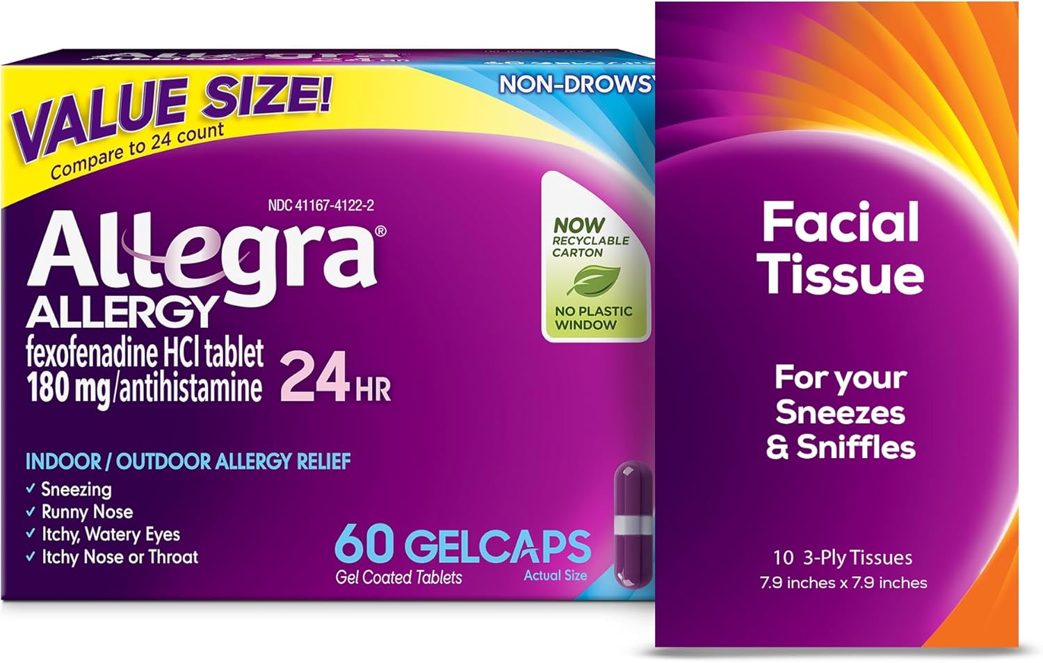 Allegra Adult 24-Hour Allergy Relief Gelcaps with Bonus Tissue Pack, Non-Drowsy Indoor and Outdoor Allergy Medicine, 180 mg Fexofenadine HCI Antihistamine Pill, 60-Count