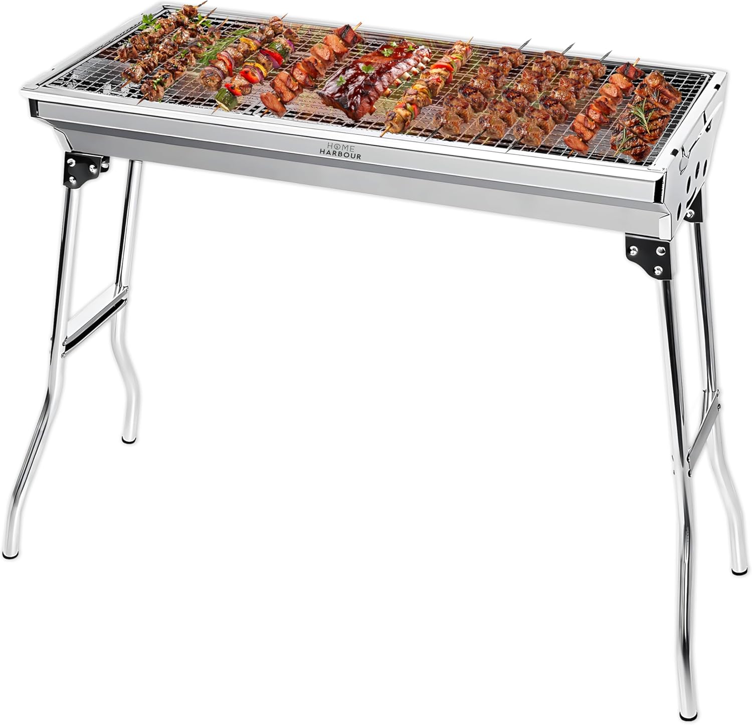 Home Harbour H1 Large Foldable Stainless Steel BBQ Charcoal Grill | Portable and Lightweight Barbecue | For Outdoor Picnics, Camping, Garden, Home Cooking Parties Grilling