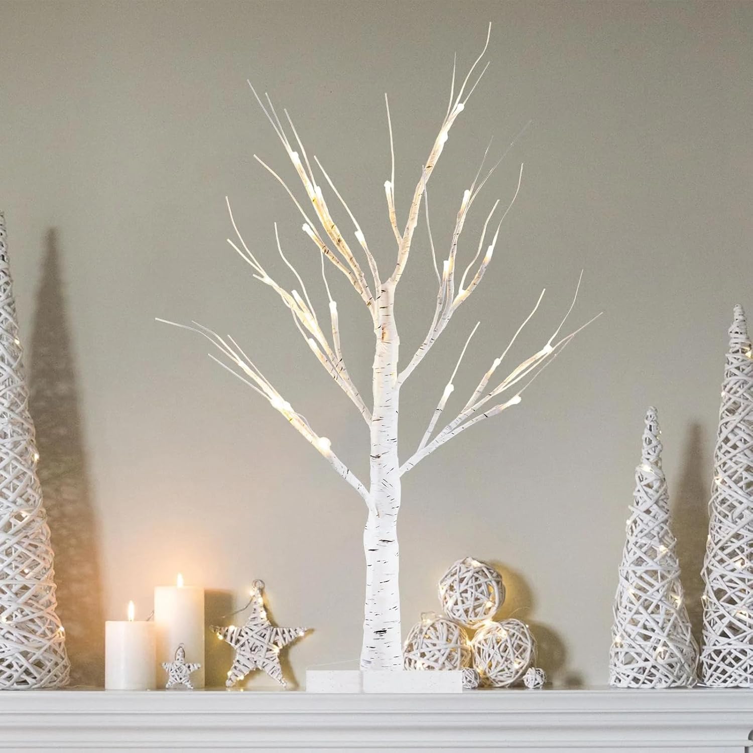 Christmas Decorations 2ft Birch Tree Light with Warm White LEDs Battery Powered Timer Artificial Tree Light Easter Xmas Decoration