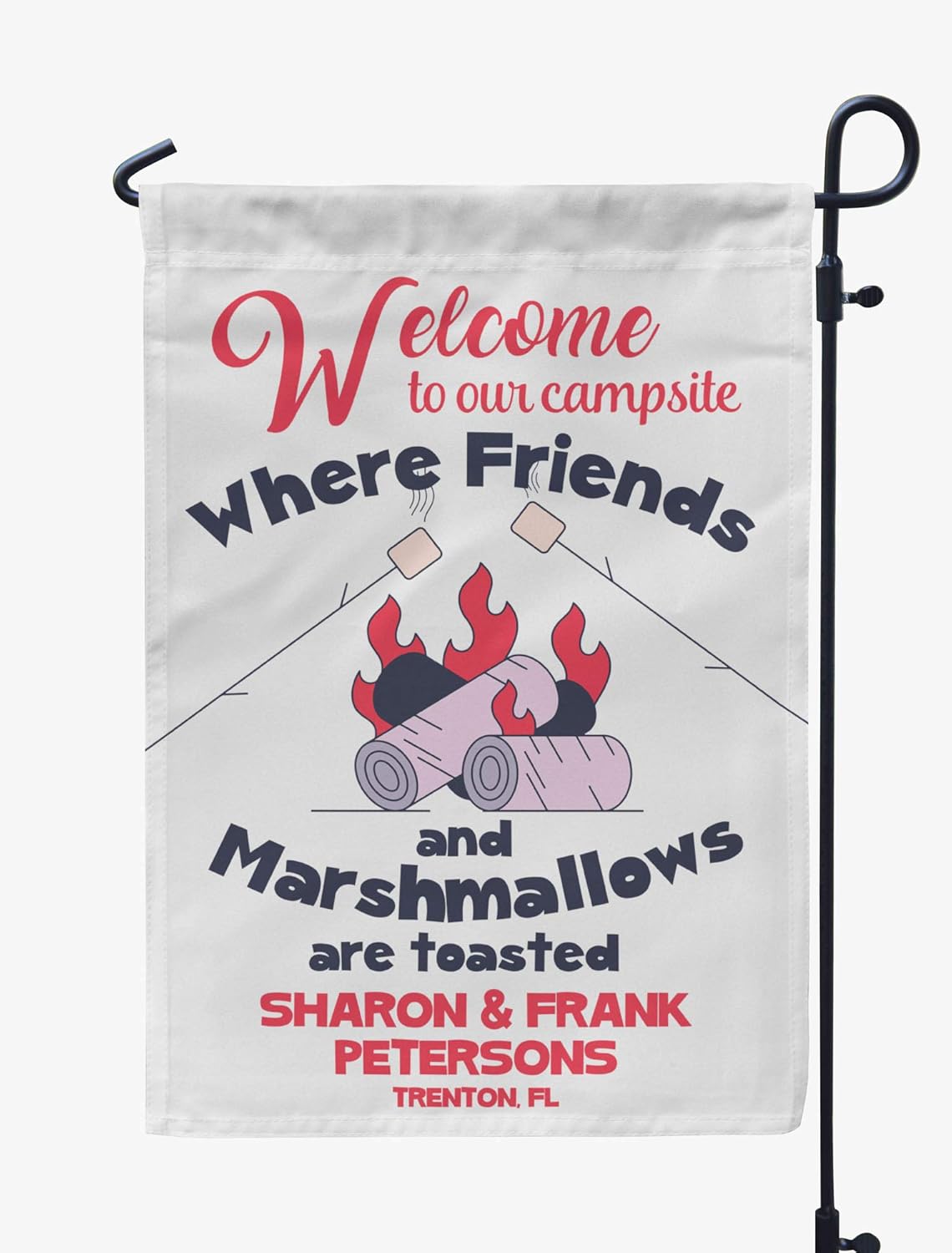 Printtoo White Welcome To Our Campsite Where Friends And Marshmallows Are Toasted Campsite Camping Flags Personalized Outdoor Garden Flags Camp Decor Accessory Double Sided Flags 12.5x18 Inches