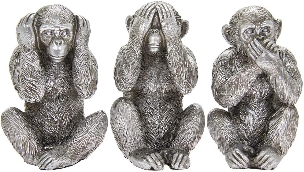 Thorne Antiques & Collectables Set of Three Wise Monkeys Ornaments in Antique Silver Finish - See, Hear and Speak No Evil