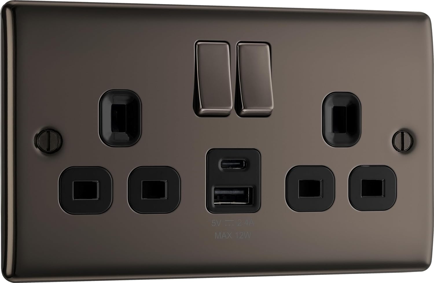 BG Electrical Double Switched Power Wall Plug Socket with USB A and USB C Charging Ports, Nexus Metal, Black Nickel, 13A, 12W, NBN22UAC12B