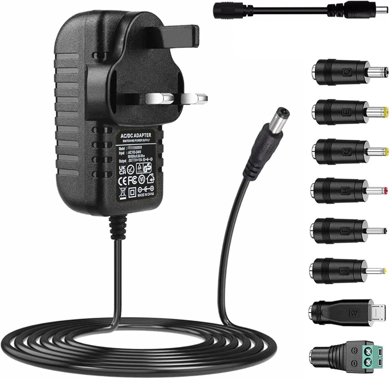 [8 Plug Tips + Polarity Changeable]9V AC adapter DC9V 1A 2A power supply AC230V to DC9V 2A 1.5A 1A 500mA 200mA 100mA power adapter cord 9 volt inverter converter transformer charger DC9V