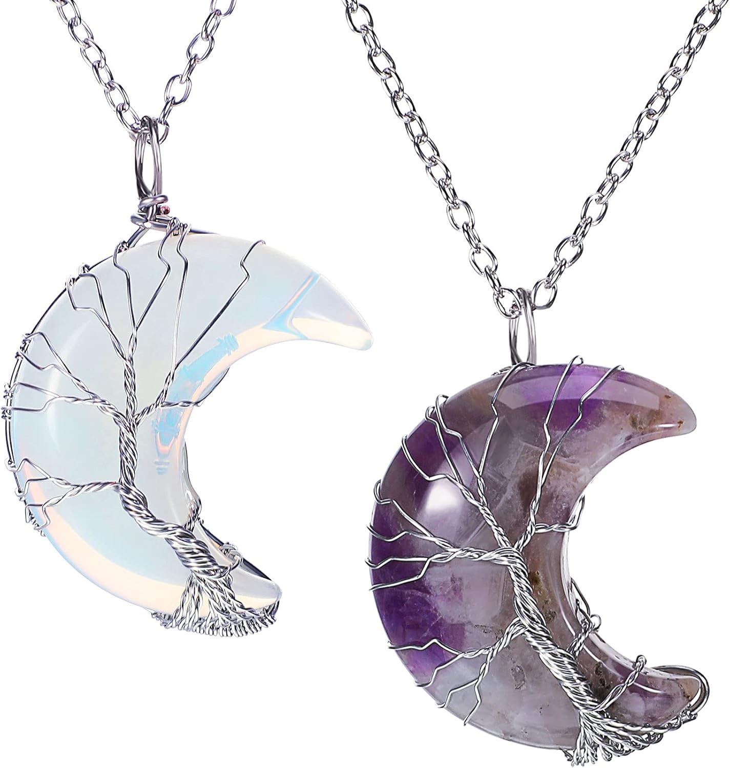 Hicarer 2 Pcs Moon Crystal Necklace Life Tree Wire Wrapped Crescent Pendant Crystal Quartz Jewelry for Christmas Women Mothers Day Valentine's Day Gifts