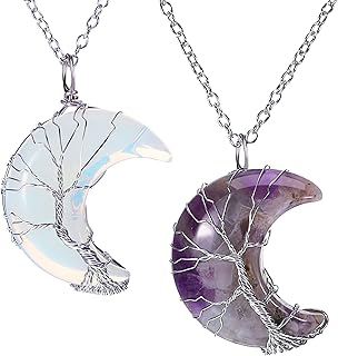Hicarer 2 Pcs Moon Crystal Necklace Life Tree Wire Wrapped Crescent Pendant Crystal Quartz Jewelry for Christmas Women Mothers Day Valentine's Day Gifts