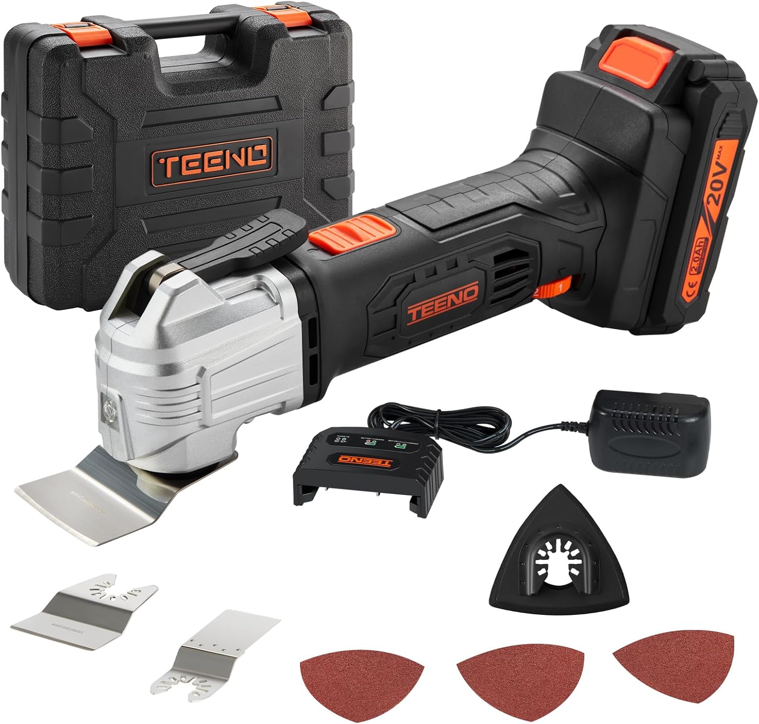 TEENO Cordless Oscillating Multi-Tool,Multifunction Oscillating Multi Tool with 20V 2Ah Lithium-Ion,5000-18000 RPM,6 Variable Speed,3.2° Oscillation Angle,for Sawing, Cutting, Sanding