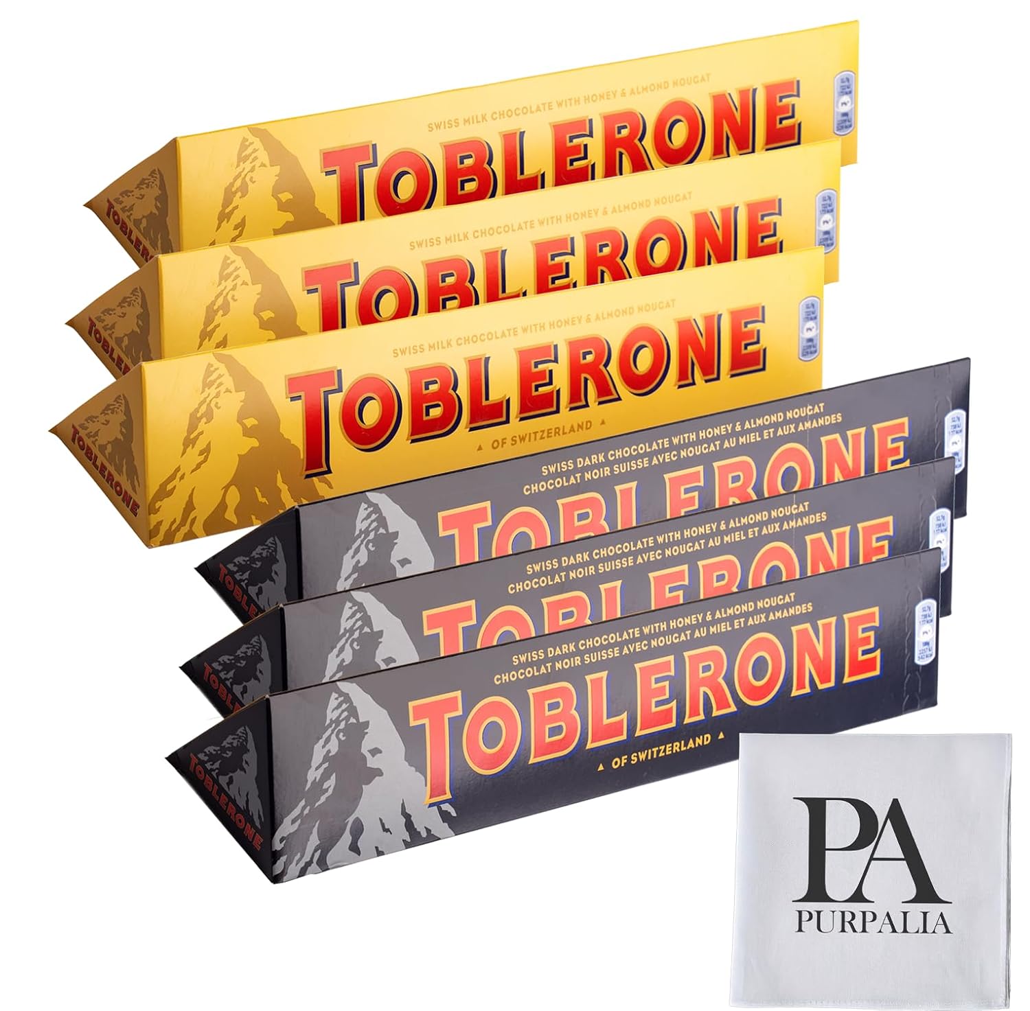 Toblerone Chocolate Variety Pack - 3.52 oz 2-Pack: Classic Swiss Chocolate Bars Assortment Dark and Milk Chocolate Bars(Purpalia Packaging) (6 pack, Variety)