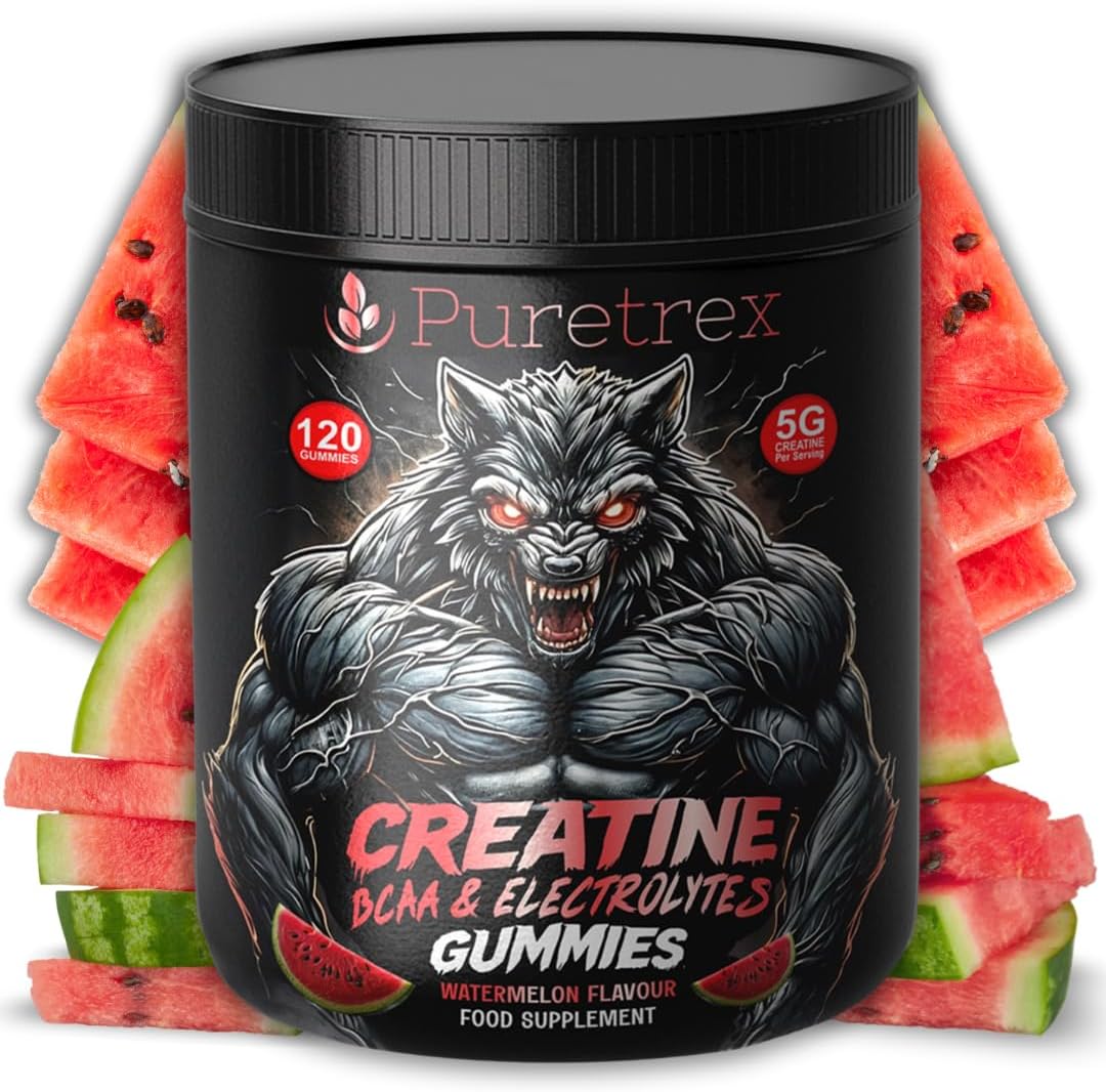 PURETREX Creatine Gummies with BCAAs & Electrolytes – Sugar-Free Watermelon Flavor, 120 Count – 5000mg Creatine + 1000mg BCAAs for Strength, Endurance & Recovery