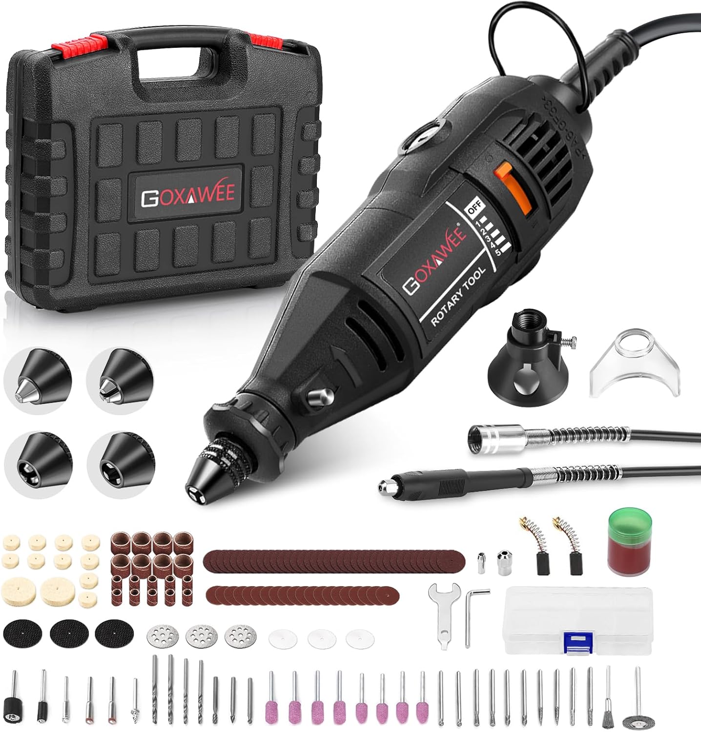 GOXAWEE Rotary Tool Kit with MultiPro Keyless Chuck and Flex Shaft -140pcs Accessories Variable Speed Electric Drill Set for Handmade Crafting Projects and DIY Creations