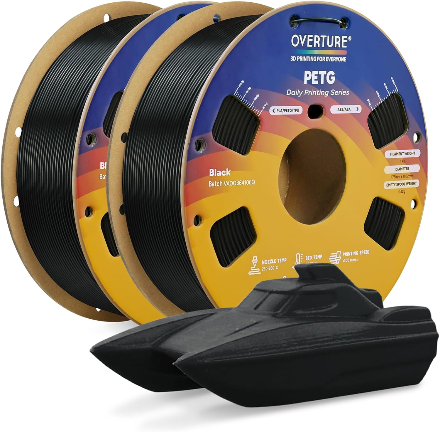 OVERTURE 2KG Bundle PETG 3D Printer Filament 1.75mm, Neatly Wound Durable PETG 2 Pack 1kg(2.2lbs), Strong Toughness Filament, Dimensional Accuracy +/- 0.02mm, Fit Most FDM Printers (Black (2-Pack))