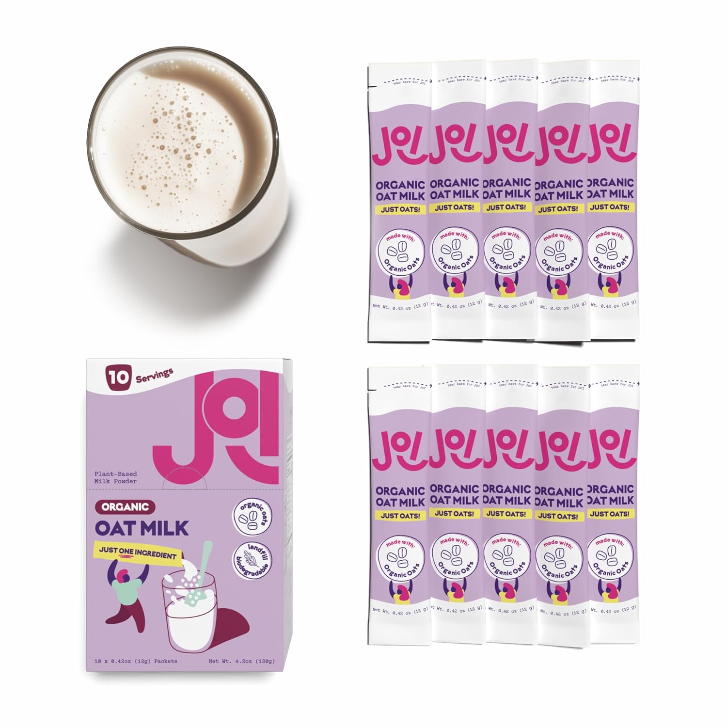 Instant Organic Oat Milk Powder, Unsweetened 10ct Carton by JOI - Dairy Free, Plant Based, Kosher, Shelf-Stable. Perfect for Smoothies, Protein Shakes, Overnight Oats. Tastes like Oats. Single Serve.