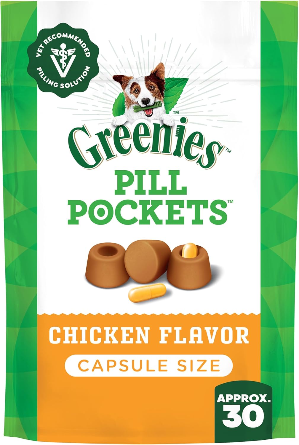 Greenies PILL POCKETS for Dogs Capsule Size Natural Soft Dog Treats, Chicken Flavor, 7.9 oz. Pack (30 Treats)
