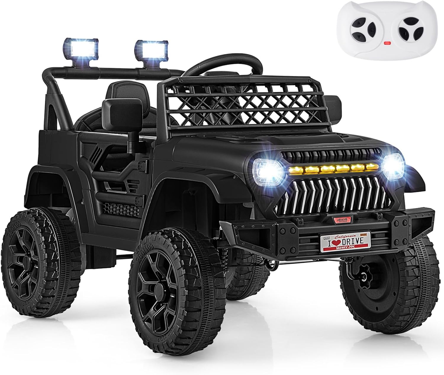 GYMAX Kids Ride on Car, 12V Battery Powered Toy Car with Remote Control, Lights, Music, Horn, Bluetooth, USB, Shock Suspension and Slow Start, Children Electric Off Road Truck for 3 Years Old+ (Black)