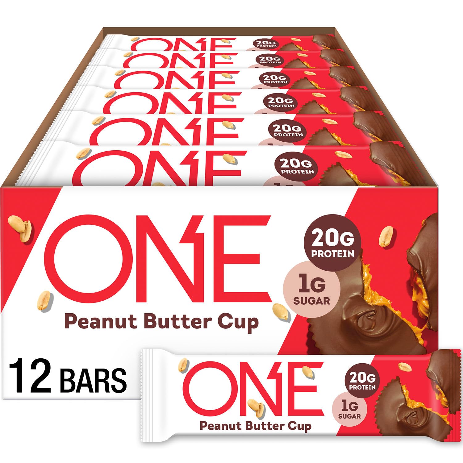 ONE Protein Bars, Peanut Butter Cup, Gluten Free with 20g Protein and 1g Sugar, Pantry Staples, 2.12 oz (12 Count)