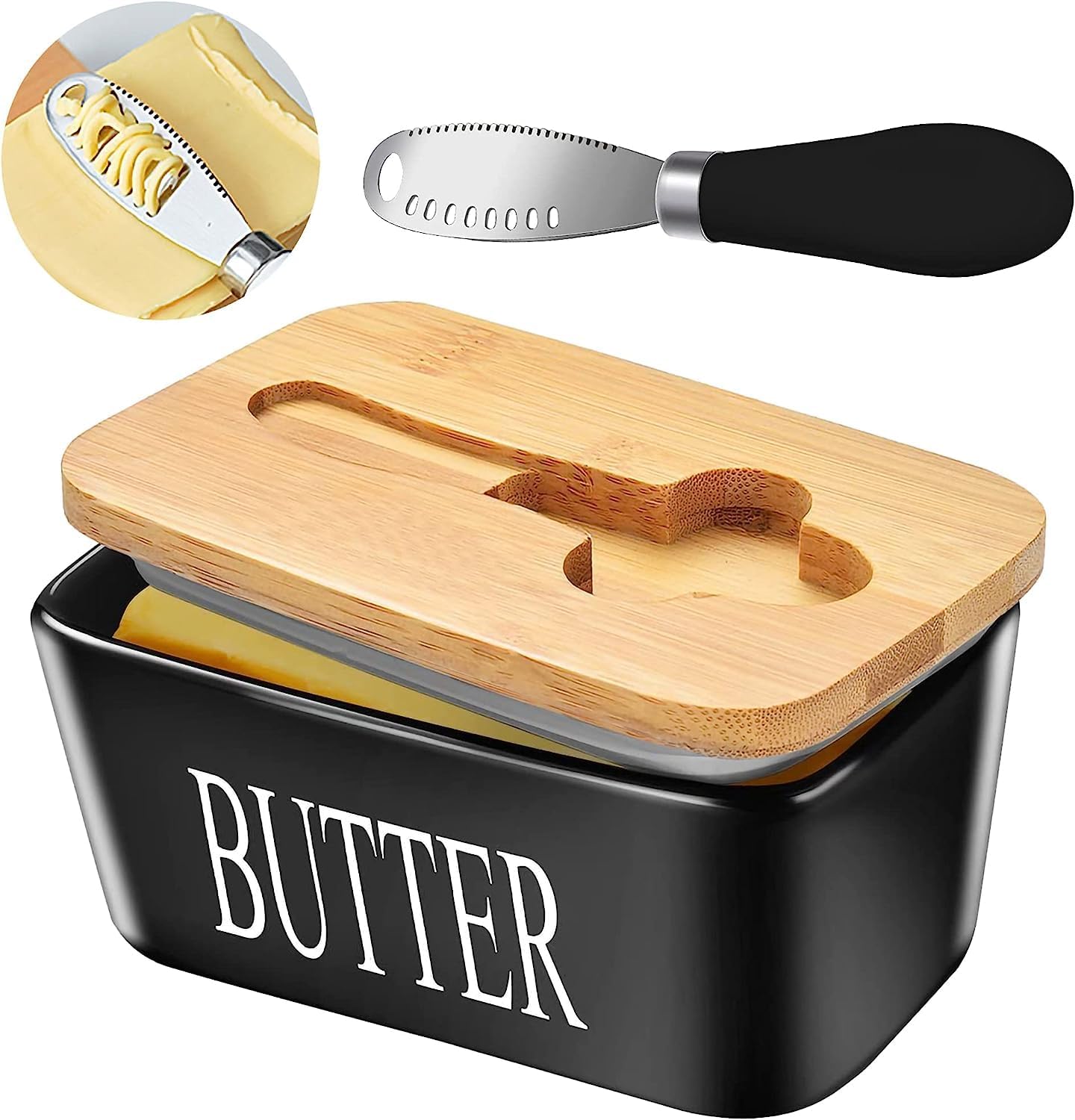 MEETOZ Ceramic Butter Dish with Wooden Lid, Airtight Butter Keeper for Counter or Fridge with Stainless Steel Multipurpose Butter Knife, Butter Container with Double High-Quality Silicone