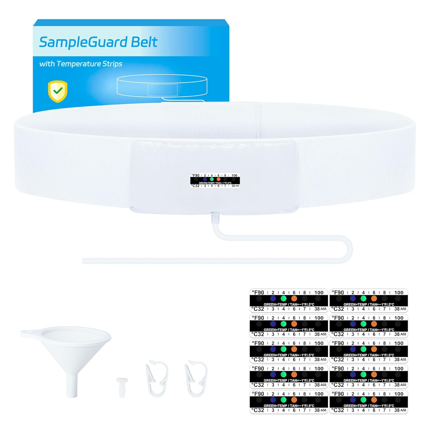 Urine Test Complete Kit – 2 oz to 4 oz Sample Bag on Belt, 43.3” Hi-Stretch and Comfortable Concealed Belt, Urine Test Thermometer Stickers and Silicone Funnel, Sample Guard Belt